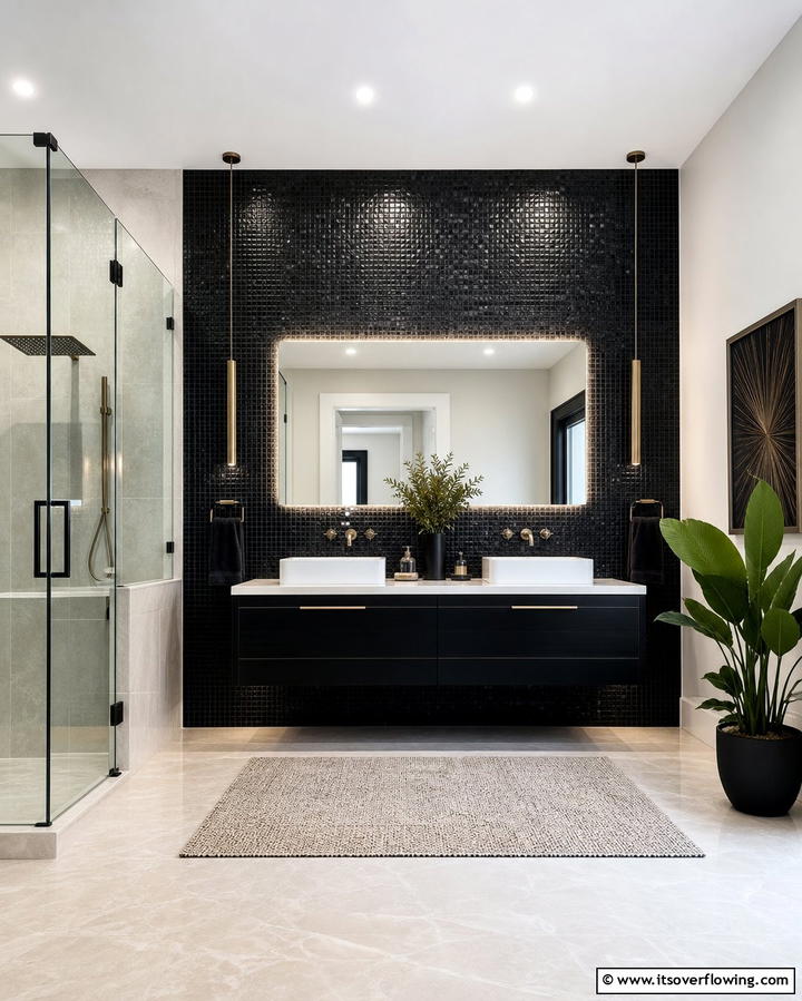 Black Mosaic Accent Wall - 25 Stylish Black Tile Bathroom Ideas
