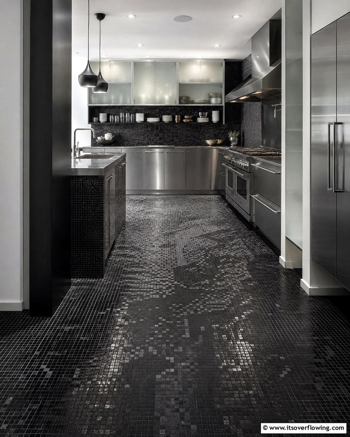 Black Mosaic Artistry - 30 Sleek Black Floor Kitchen Ideas for Contemporary Designs