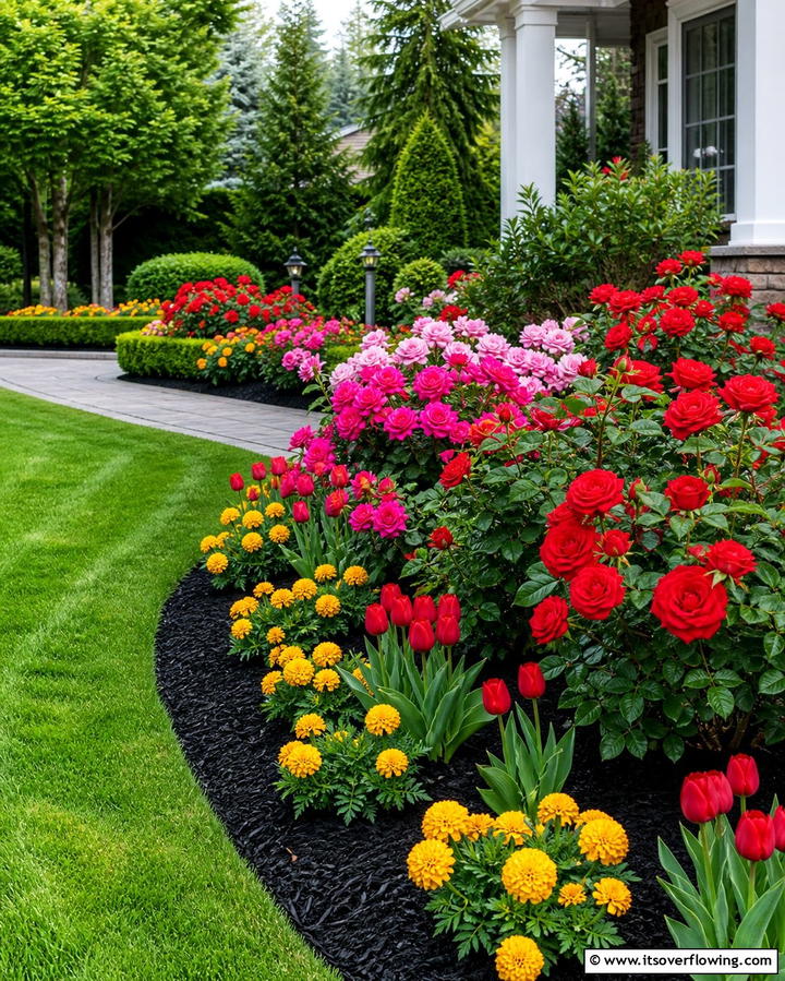 Black Mulch Around Vibrant Flower Beds - 25 Black Mulch Landscaping Ideas for a Sleek Garden