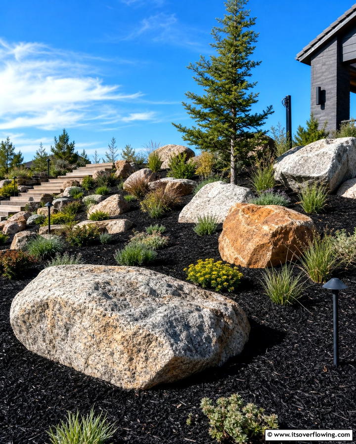 Black Mulch and Decorative Boulders - 25 Black Mulch Landscaping Ideas for a Sleek Garden