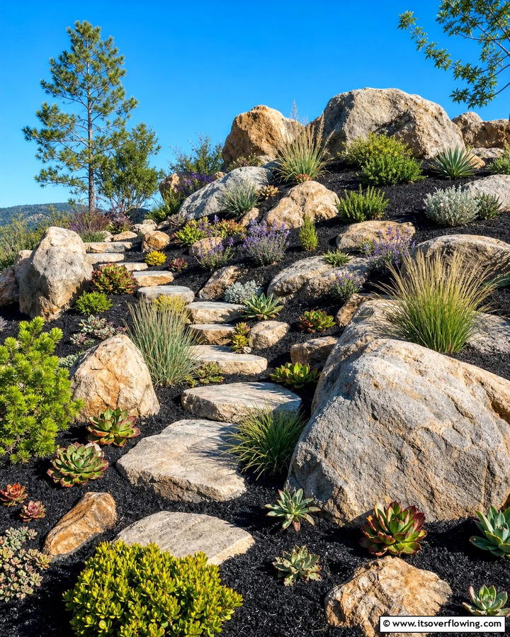 Black Mulch in Rock Gardens - 25 Black Mulch Landscaping Ideas for a Sleek Garden