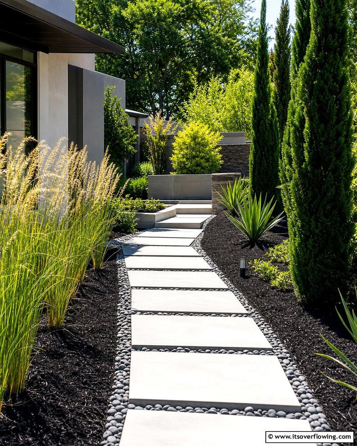 Black Mulch with Modern Pathways - 25 Black Mulch Landscaping Ideas for a Sleek Garden