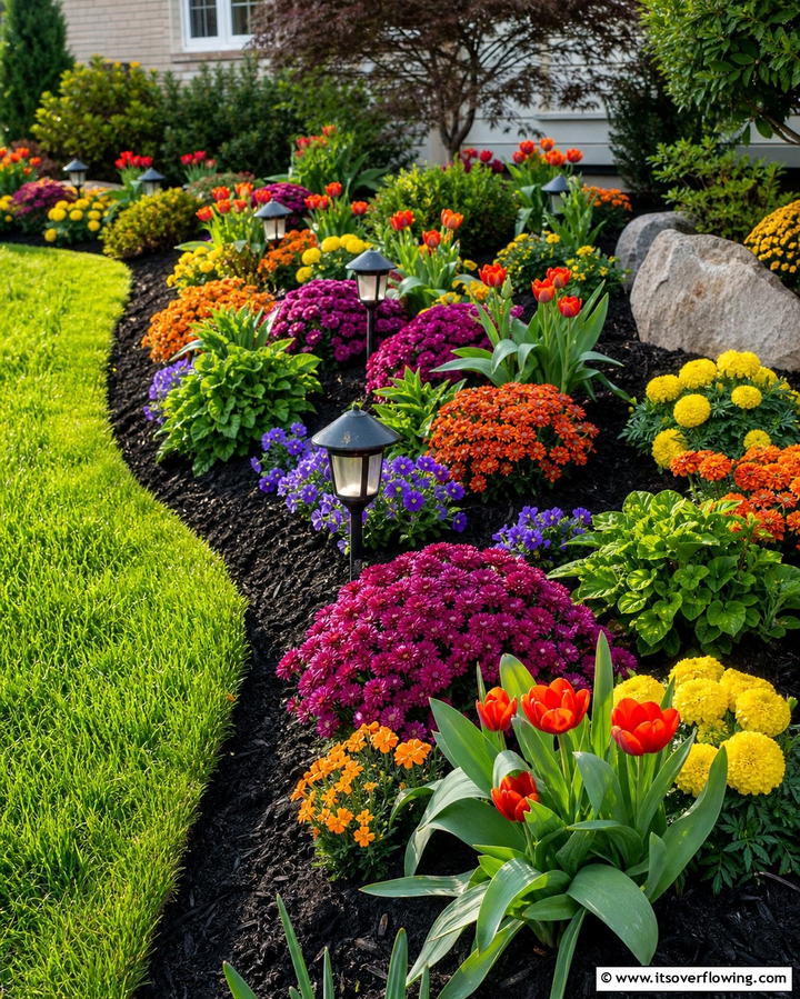 Black Mulch with Seasonal Flower Beds - 25 Black Mulch Landscaping Ideas for a Sleek Garden