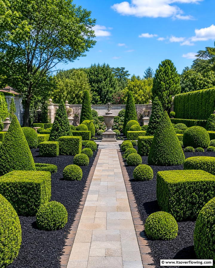 Black Mulch with Topiary Designs - 25 Black Mulch Landscaping Ideas for a Sleek Garden