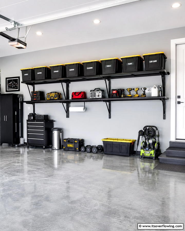 Black Open Shelving Units - 25 Black Garage Ideas for a Sleek and Functional Space