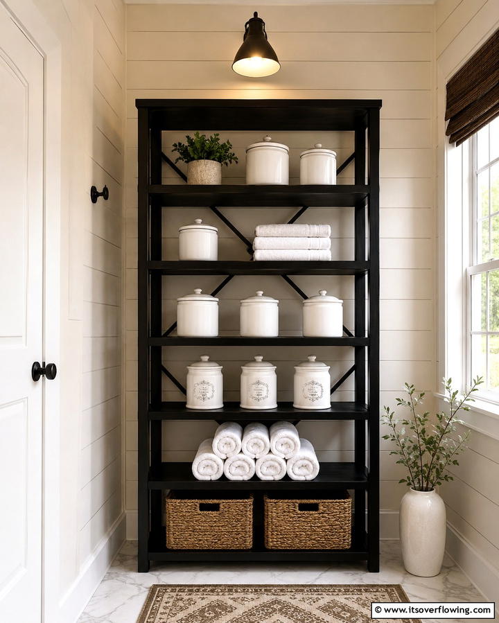 Black Open Shelving for Practicality - 30 Stylish Black Laundry Room Ideas for a Modern Utility Space