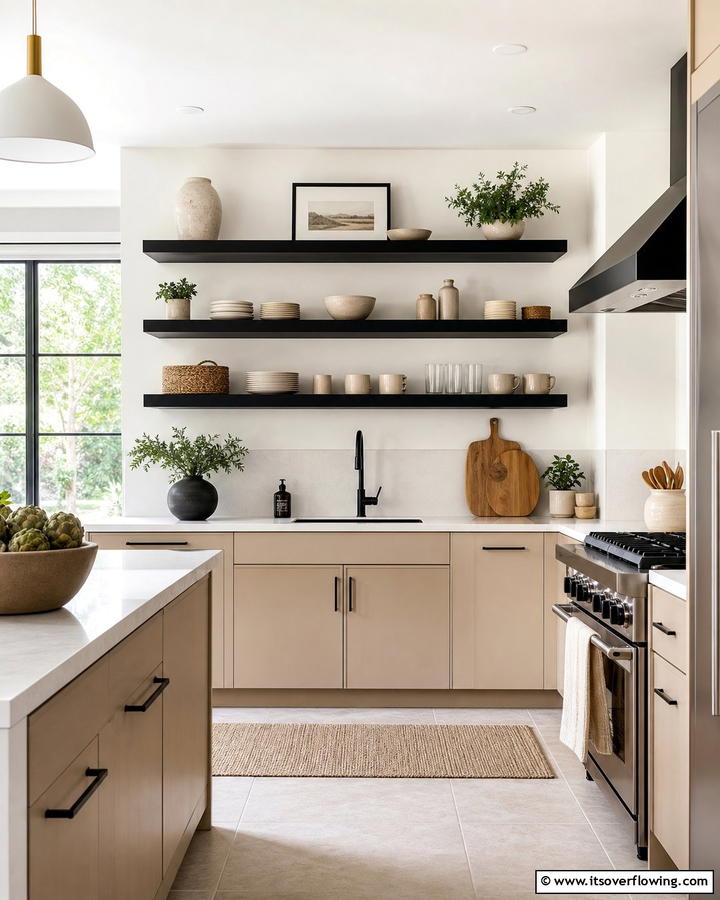 Black Open Shelving with Beige Decor - 20 Black and Beige Kitchen Ideas for a Timeless Look