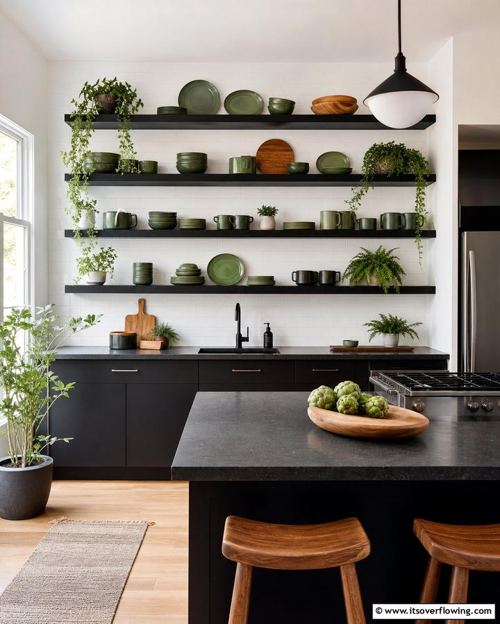 Black Open Shelving with Green Dishware - 25 Black and Green Kitchen Ideas for Bold Design
