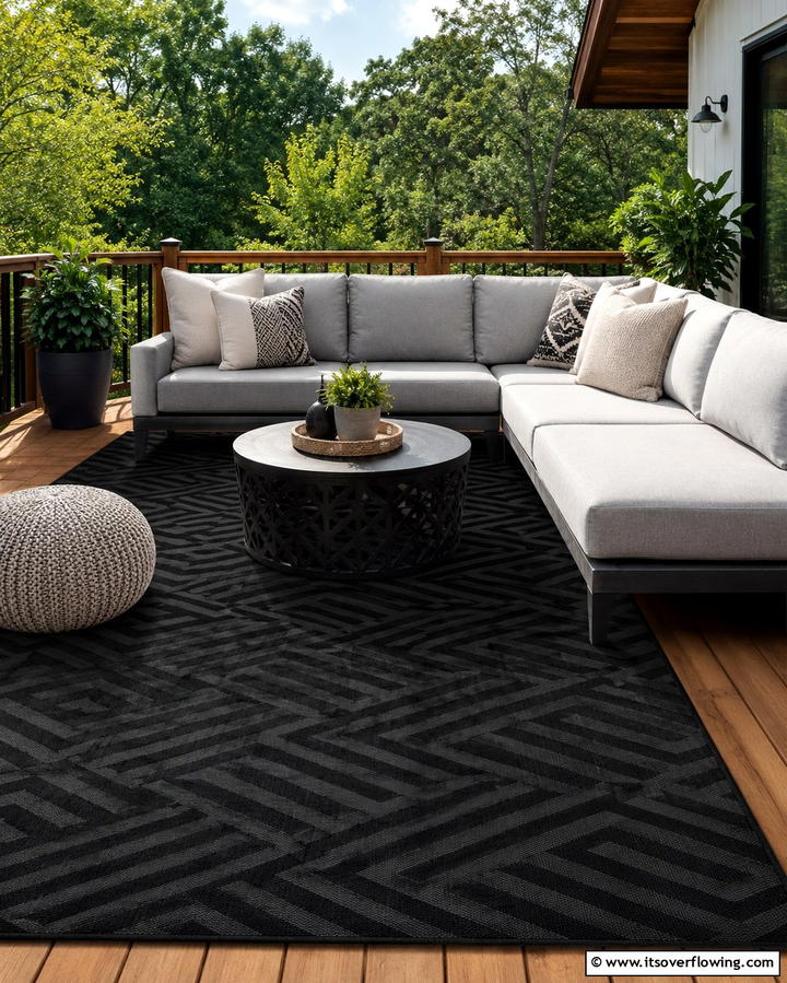 Black Outdoor Rug Touches - 30 Inviting Black Porch Ideas for a Modern Outdoor Oasis