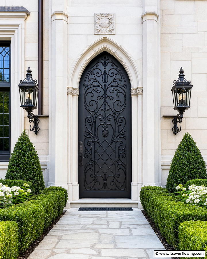 Black Painted Door with Ironwork - 20 Gothic Front Door Ideas to Enhance Your Home