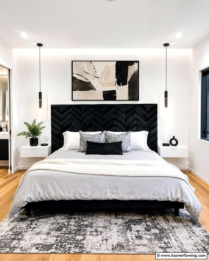 Black Panel Headboard with Geometric Patterns - 25 Black Headboard Bedroom Ideas for a Bold Statement