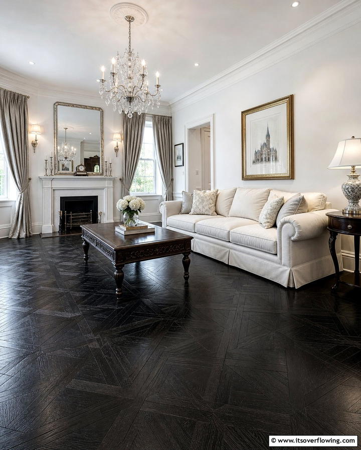 Black Parquet Flooring for Timeless Elegance - 25 Black Floor Living Room Ideas for a Modern Aesthetic