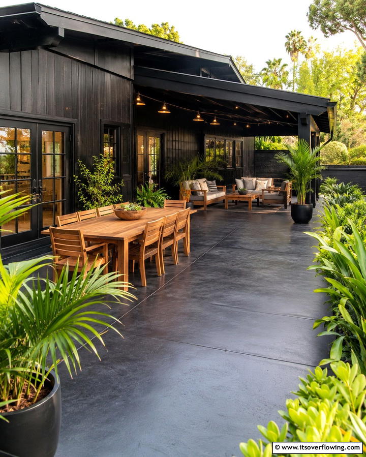 Black Patio with Wooden Furniture - 25 Black House With Wood Accents Ideas for a Bold Design