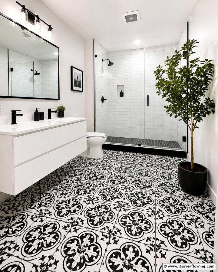 Black Patterned Tiles for a Bold Statement - 25 Black Floor Bathroom Ideas for a Bold Look