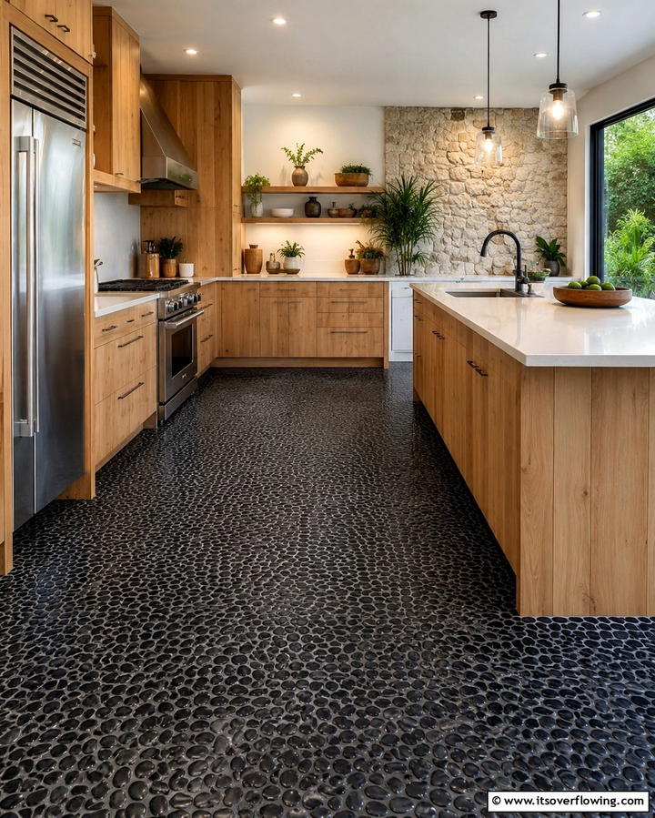 Black Pebble Flooring Detail - 30 Sleek Black Floor Kitchen Ideas for Contemporary Designs