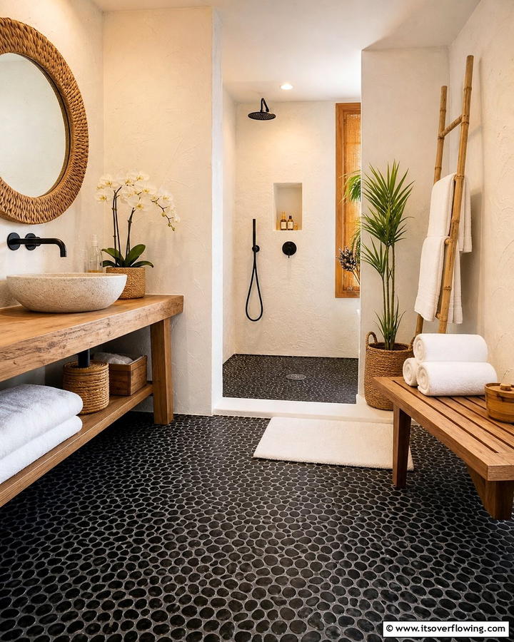 Black Pebble Floors with White Stucco Walls - 20 Black Floor Bathroom With White Walls Ideas for Contrast