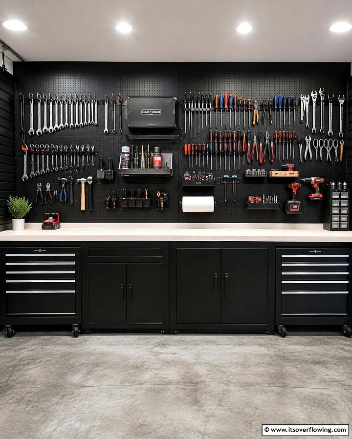 Black Pegboard for Tool Organization - 25 Black Garage Ideas for a Sleek and Functional Space