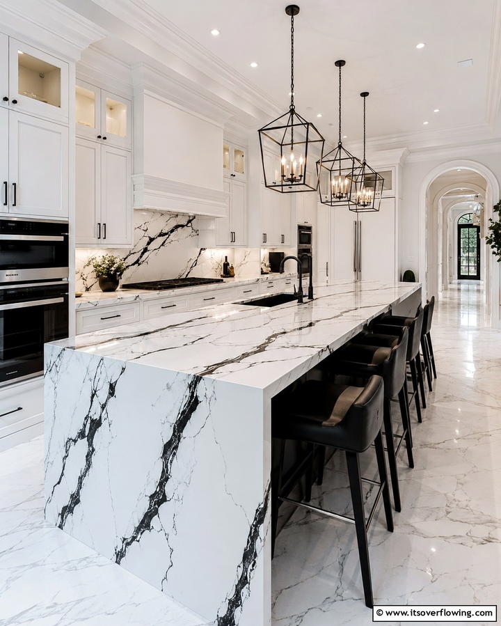 Black Pendant Lighting Over White Island - 30 White Kitchen Designs with Bold Black Appliances