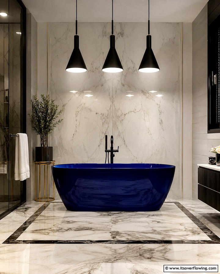 Black Pendant Lighting over a Blue Soaked Bath - 30 Striking Black and Blue Bathroom Ideas for Dramatic Flair
