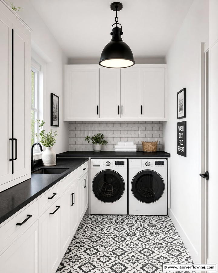 Black Pendant Lighting - 20 Black and White Laundry Room Ideas for Style