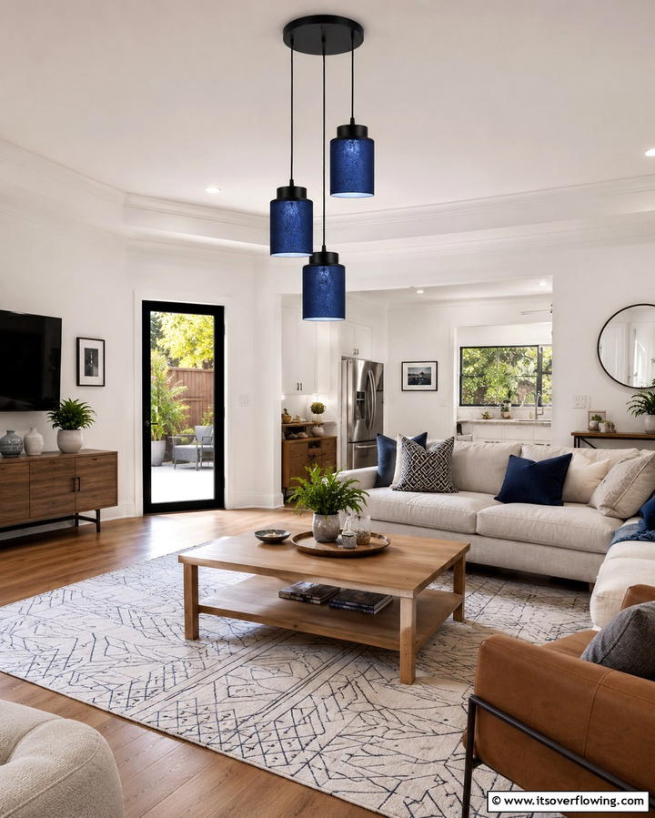 Black Pendant Lights with Blue Shades - 25 Bold Black and Blue Living Room Ideas for a Statement