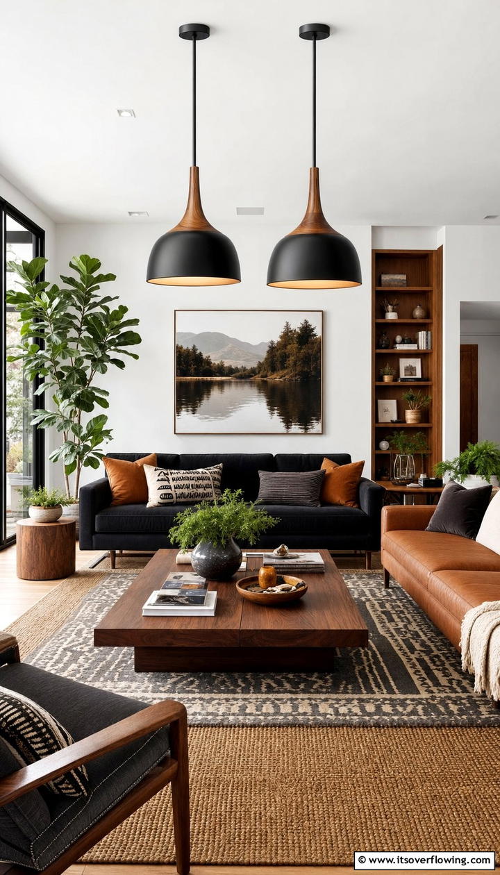 Black Pendant Lights with Brown Shades - 25 Chic Black and Brown Living Room Ideas for Modern Homes