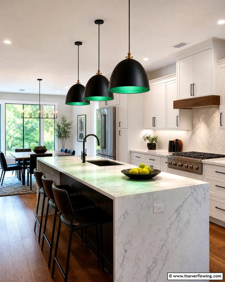 Black Pendant Lights with Green Shade Interiors - 25 Black and Green Kitchen Ideas for Bold Design