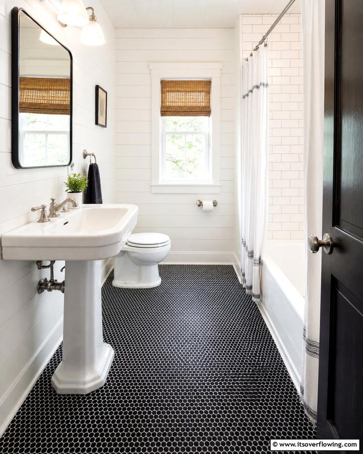 Black Penny Tiles for Vintage Charm - 25 Stylish Black Tile Bathroom Ideas