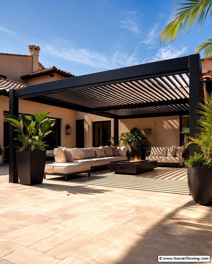 Black Pergola Over Beige Patio - 30 Beige & Black House Exterior Design Ideas & Inspiration