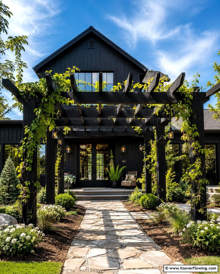 Black Pergola Over the Entrance - 25 Black Modern Farmhouse Exterior Design Ideas
