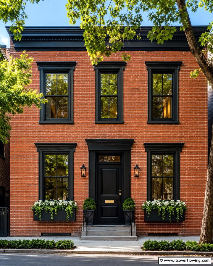 Black Planter Boxes to Frame the Facade - 25 Red Brick House with Black Trim Design Ideas