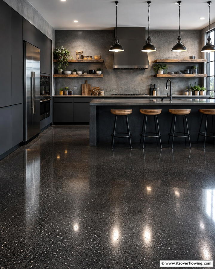 Black Polished Concrete Finish - 30 Sleek Black Floor Kitchen Ideas for Contemporary Designs