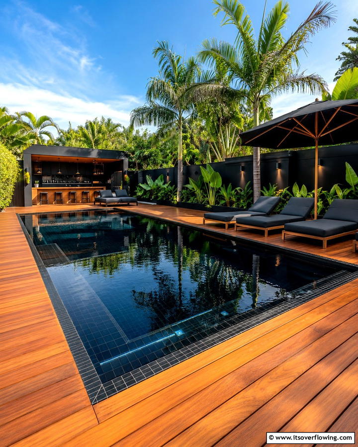 Black Poolside with Wooden Decking - 25 Black House With Wood Accents Ideas for a Bold Design