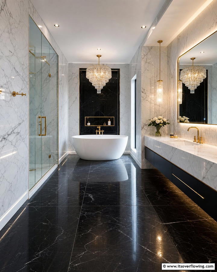 Black Porcelain Floors with White Marble Walls - 20 Black Floor Bathroom With White Walls Ideas for Contrast