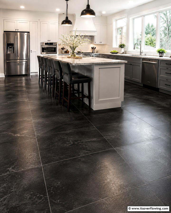 Black Porcelain Tiles with Textured Finish - 25 Black Kitchen Floor Ideas for a Sleek and Stylish Space