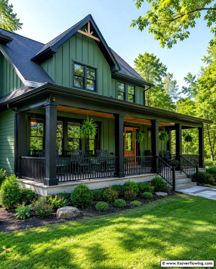 Black Porch Details on Forest Green Homes - 25 Forest Green House With Black Trim Ideas- Bold & Modern