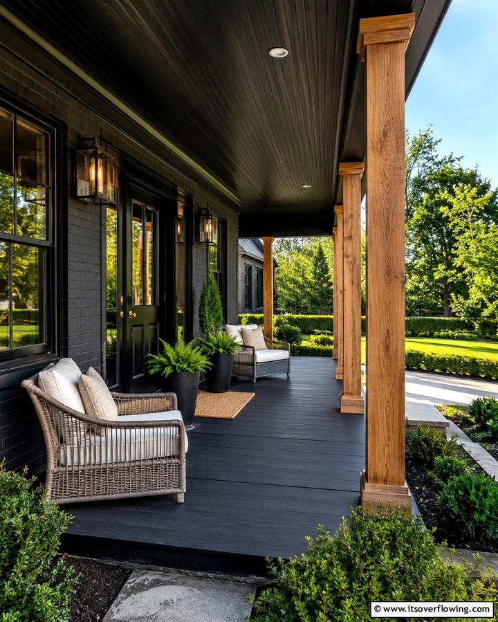 Black Porch with Wooden Columns - 25 Black House With Wood Accents Ideas for a Bold Design