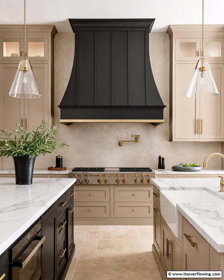 Black Range Hood with Beige Surround - 20 Black and Beige Kitchen Ideas for a Timeless Look