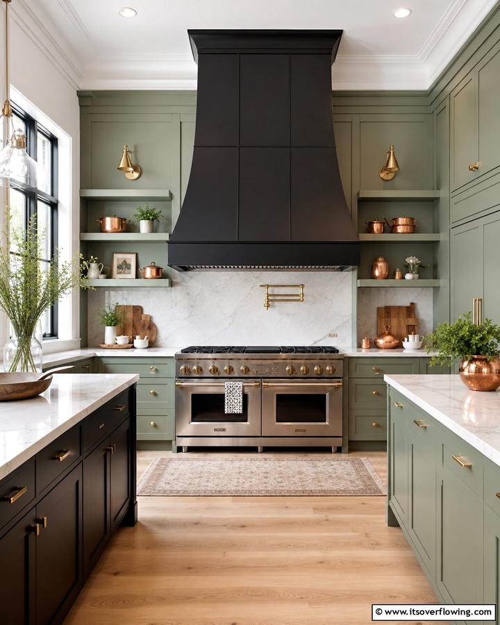 Black Range Hood with Sage Green Surround - 20 Sage Green and Black Kitchen Ideas for a Modern Feel