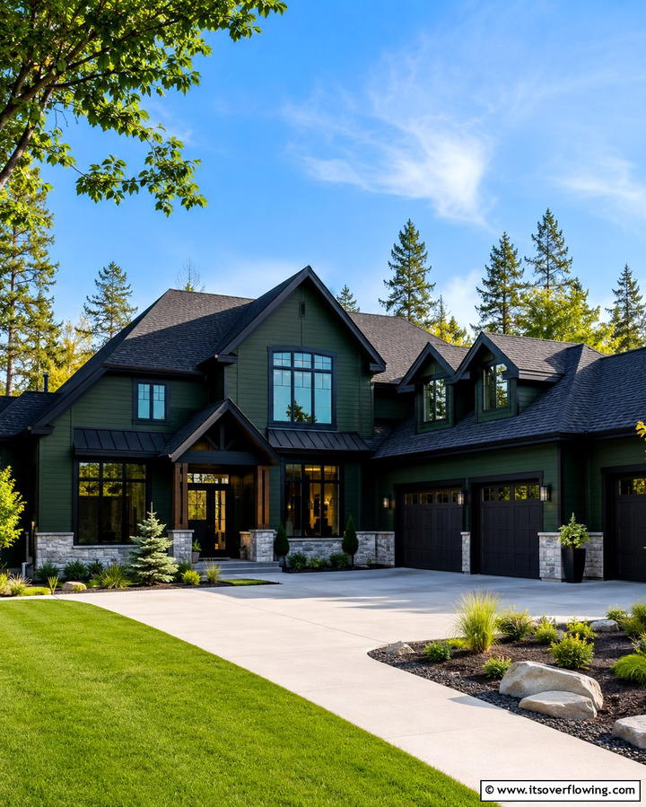 Black Roof Accents on Forest Green Homes - 25 Forest Green House With Black Trim Ideas- Bold & Modern