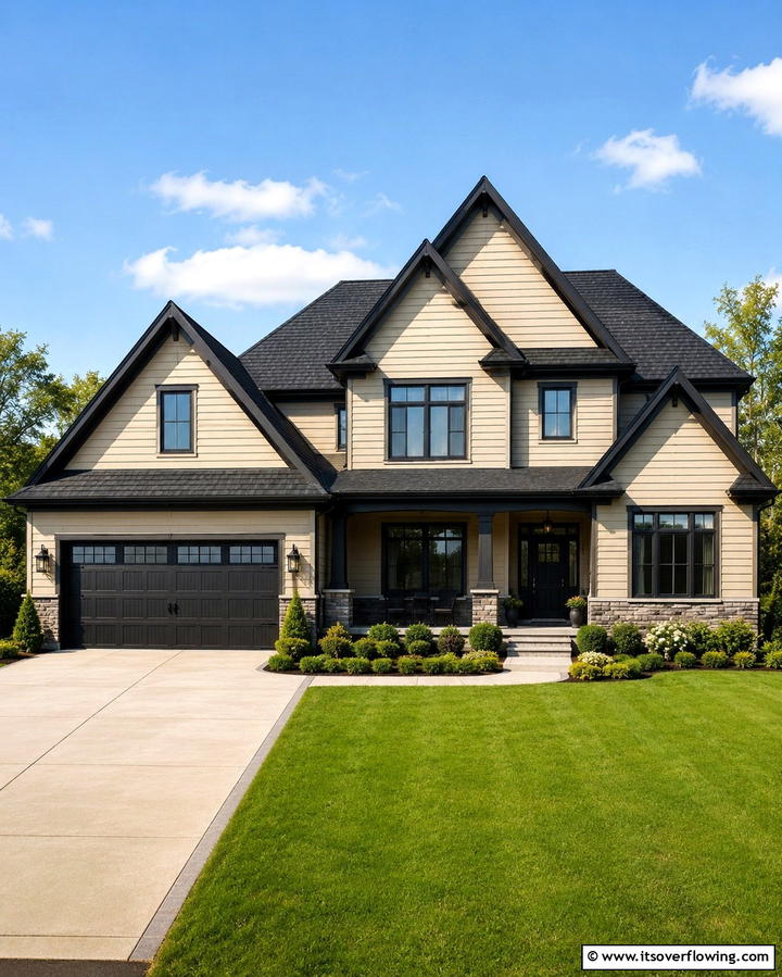 Black Roof Paired with Beige Siding - 30 Beige & Black House Exterior Design Ideas & Inspiration