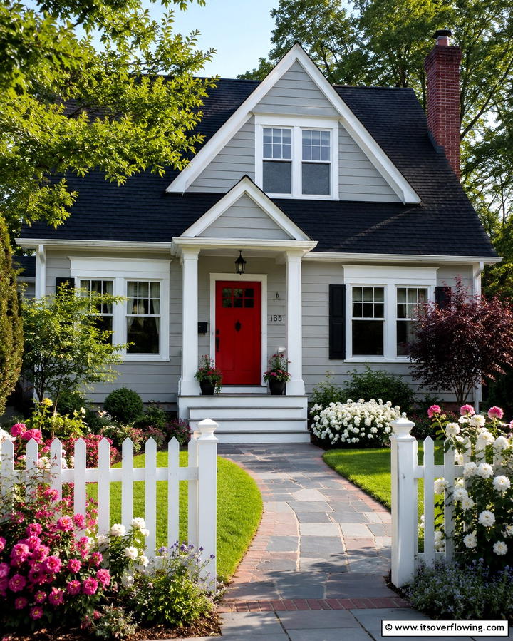 Black Roof with Bright Front Door - 30 Black Roof Exterior Home Design Ideas for Bold Contrast