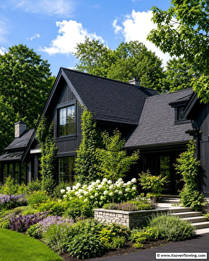 Black Roof with Greenery Filled Landscaping - 30 Black Roof Exterior Home Design Ideas for Bold Contrast