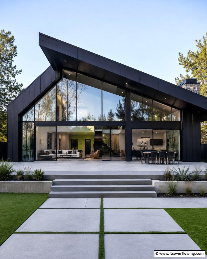 Black Roof with Large Glass Windows - 30 Black Roof Exterior Home Design Ideas for Bold Contrast