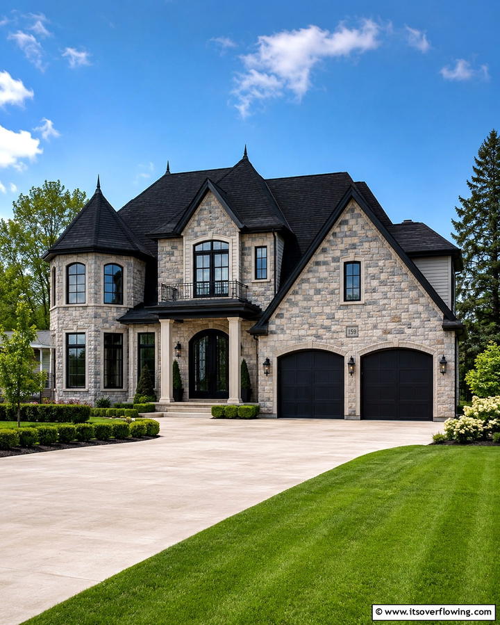 Black Roof with Stone Facade - 30 Black Roof Exterior Home Design Ideas for Bold Contrast