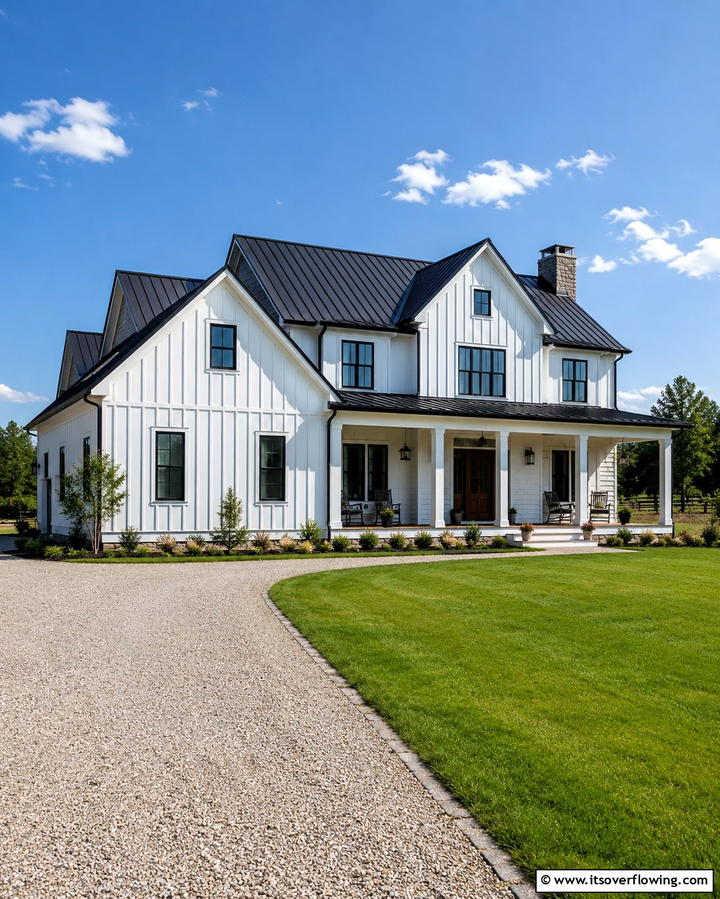 Black Roof with White Board and Batten Siding - 30 Black Roof Exterior Home Design Ideas for Bold Contrast