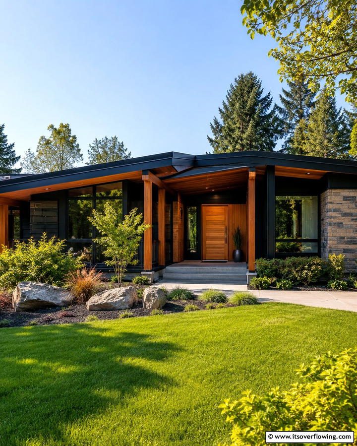 Black Roof with Wooden Accents - 30 Black Roof Exterior Home Design Ideas for Bold Contrast