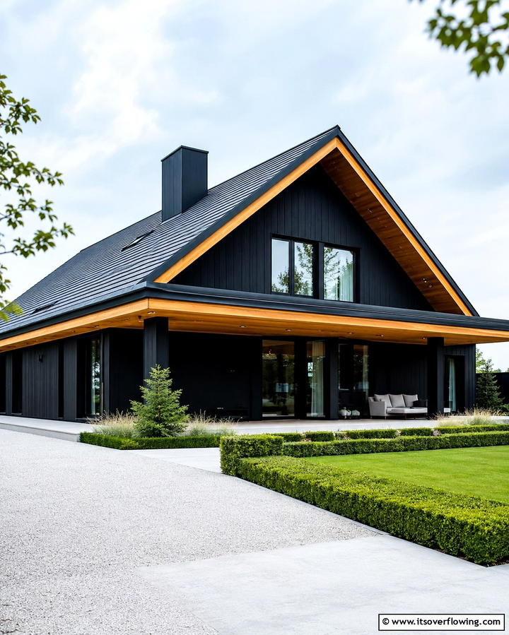 Black Roof with Wooden Eaves - 25 Black House With Wood Accents Ideas for a Bold Design
