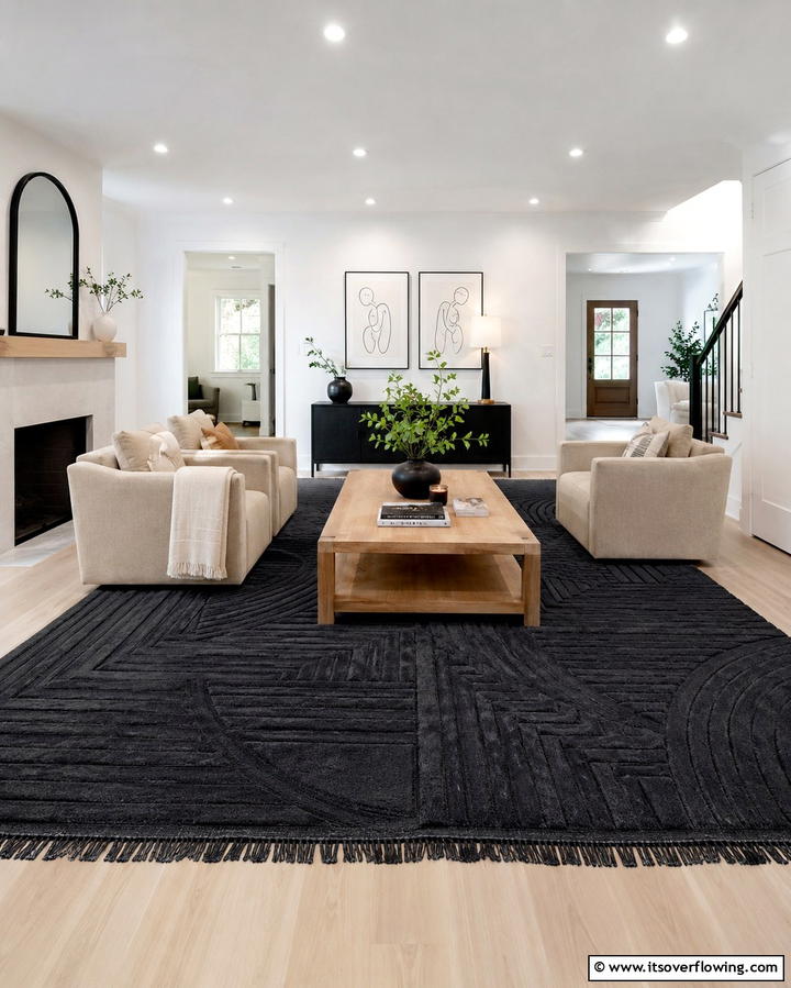 Black Rugs for Grounding the Space - 30 Bold Black Living Room Designs for Dramatic Modern Spaces