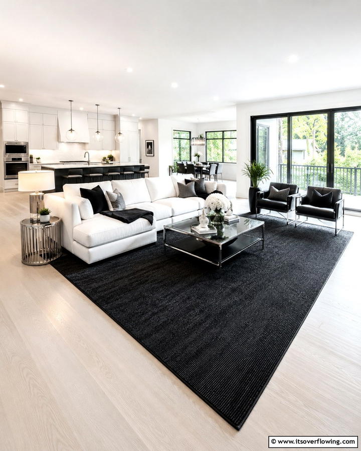 Black Rugs for Grounding - 30 Bold Black Living Room Designs for Dramatic Modern Spaces